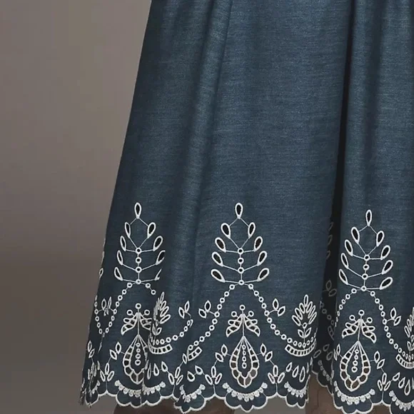 NWT Anthropologie Tommie Denim Chambray Zip Eyelet Embroidered Trim Dress Medium - Picture 5 of 6